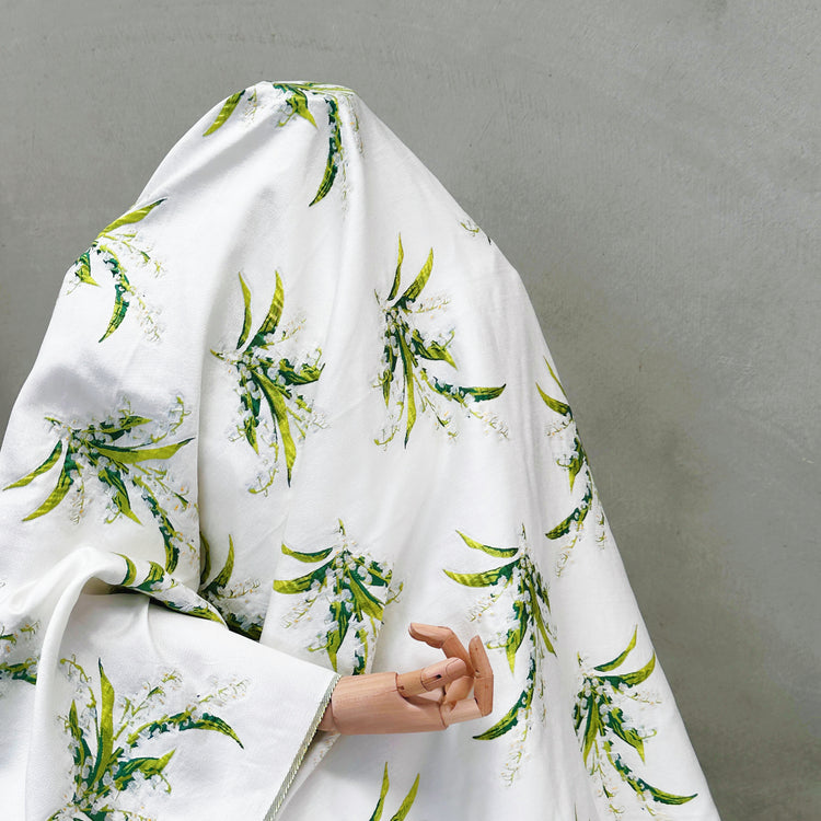 Lily of the valley Motif Dobby Gabardine - White/Forest Green