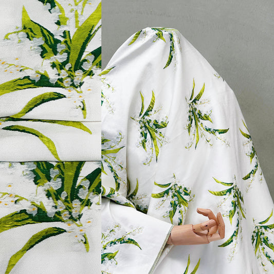 Lily of the valley Motif Dobby Gabardine - White/Forest Green