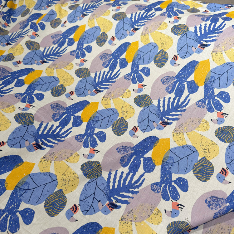 Birds & Leaves Storybook Illustration Cotton Lawn - Cornflower/Gold