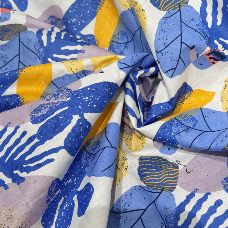 Birds & Leaves Storybook Illustration Cotton Lawn - Cornflower/Gold