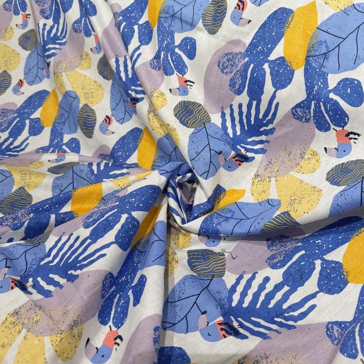 Birds & Leaves Storybook Illustration Cotton Lawn - Cornflower/Gold
