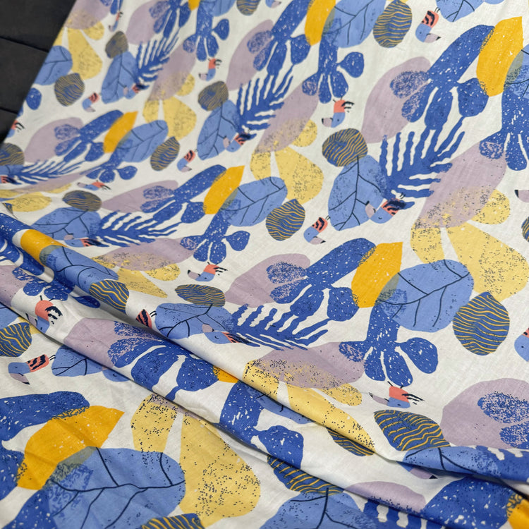 Birds & Leaves Storybook Illustration Cotton Lawn - Cornflower/Gold