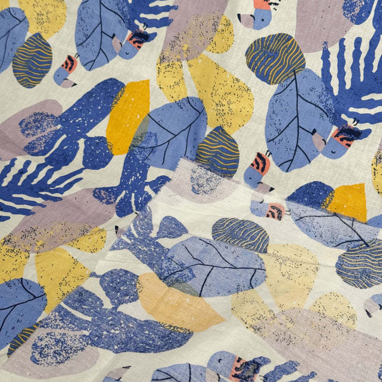 Birds & Leaves Storybook Illustration Cotton Lawn - Cornflower/Gold