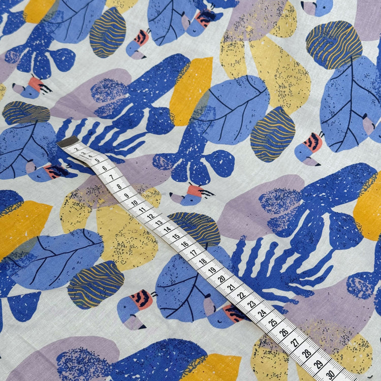 Birds & Leaves Storybook Illustration Cotton Lawn - Cornflower/Gold