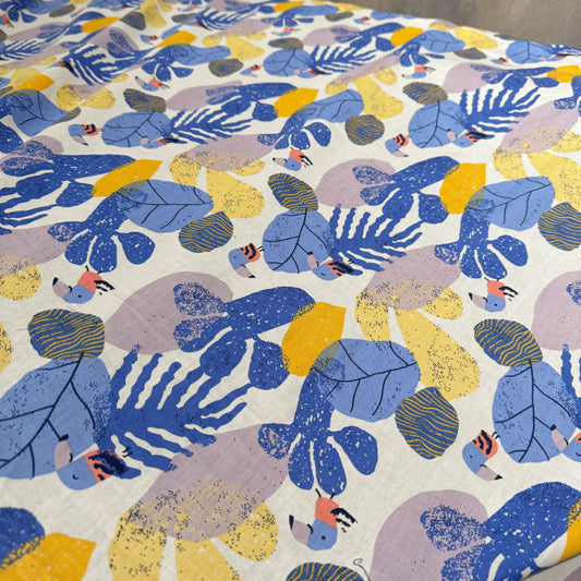 Birds & Leaves Storybook Illustration Cotton Lawn - Cornflower/Gold