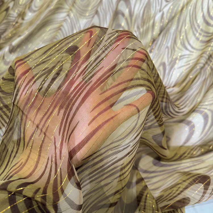 Fingerprint/Metallic Pinstripe Silk & Lurex Chiffon - Olive/Chocolate