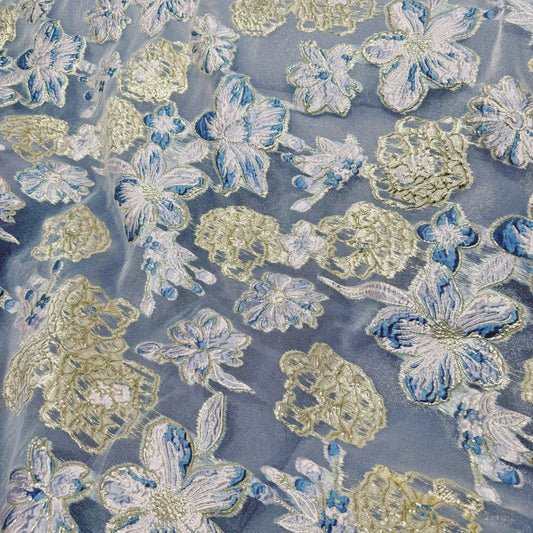 Large Metallic Floral Organza Brocade - Slate Blue/Lavender