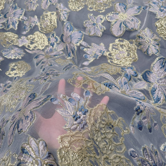 Large Metallic Floral Organza Brocade - Slate Blue/Lavender