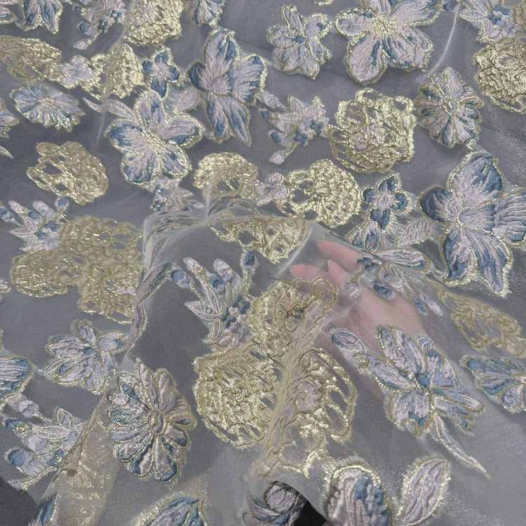 Large Metallic Floral Organza Brocade - Slate Blue/Lavender