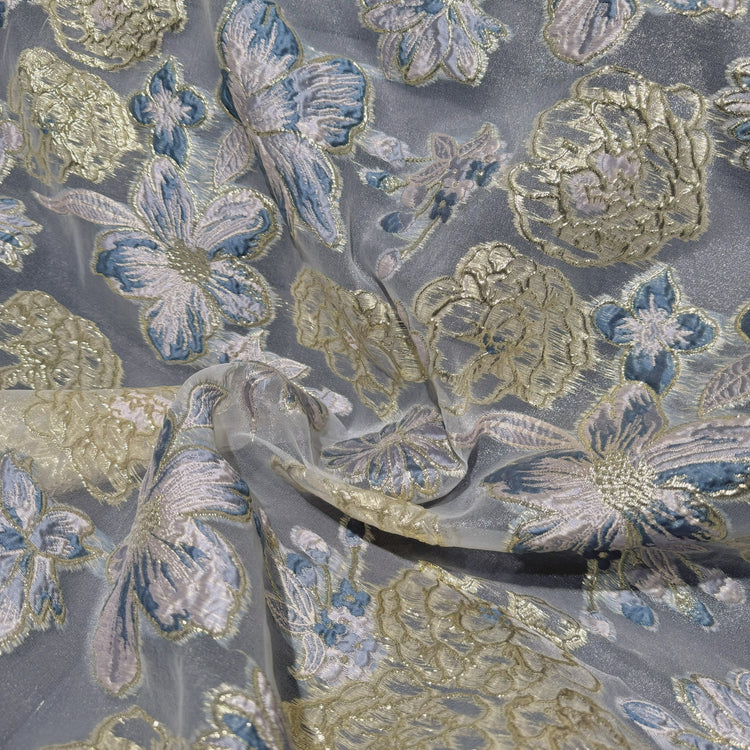 Large Metallic Floral Organza Brocade - Slate Blue/Lavender