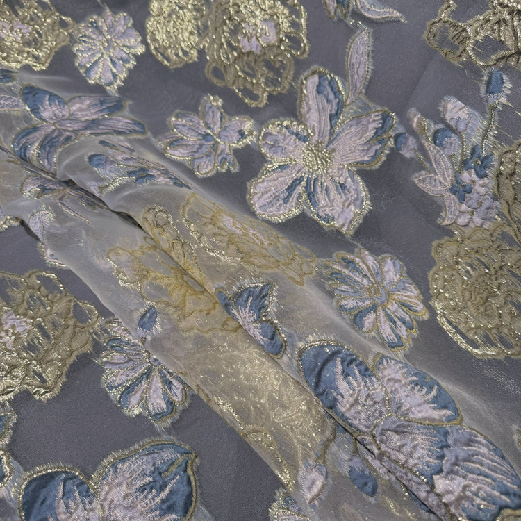 Large Metallic Floral Organza Brocade - Slate Blue/Lavender