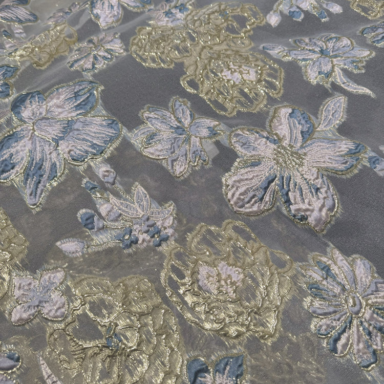 Large Metallic Floral Organza Brocade - Slate Blue/Lavender