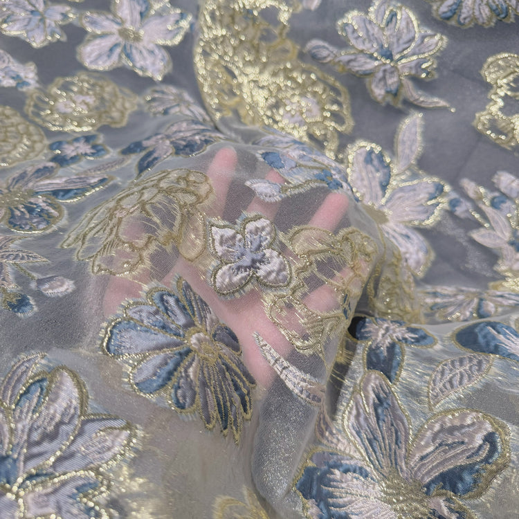 Large Metallic Floral Organza Brocade - Slate Blue/Lavender