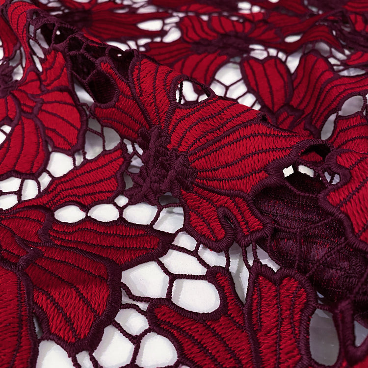 Embroidered Floral Lace - Burgundy/Red