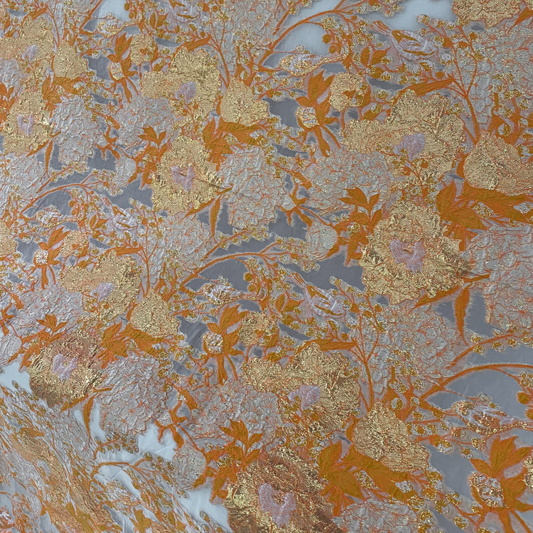 Metallic Floral/Birds Brocade Organza - Orange/Pale Coral