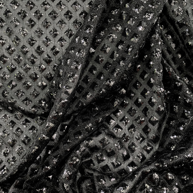 Diamond Sequinned Poly/PET Fine Boucle Knit - Black