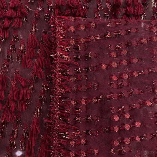Organza Dobby - Metallic & Faux Fur Fringing - Dark Red