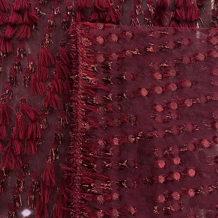 Organza Dobby - Metallic & Faux Fur Fringing - Dark Red