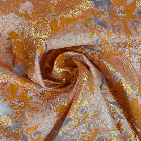 Metallic Floral/Birds Brocade Organza - Orange/Pale Coral
