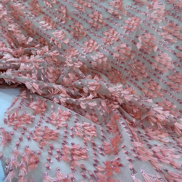 Organza Dobby - Metallic & Faux Fur Fringing - Pink