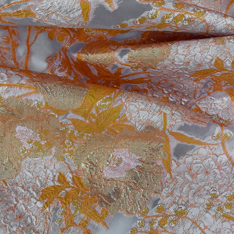 Metallic Floral/Birds Brocade Organza - Orange/Pale Coral