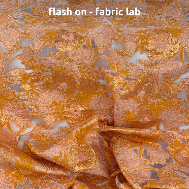 Metallic Floral/Birds Brocade Organza - Orange/Pale Coral
