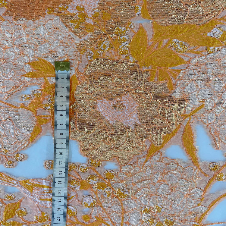 Metallic Floral/Birds Brocade Organza - Orange/Pale Coral