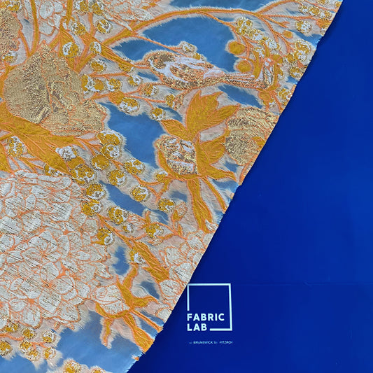 Metallic Floral/Birds Brocade Organza - Orange/Pale Coral