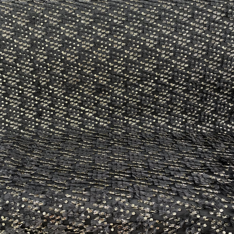 Organza Dobby - Metallic & Faux Fur Fringing - Black/Slate Grey