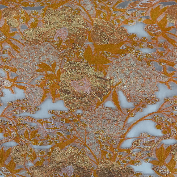 Metallic Floral/Birds Brocade Organza - Orange/Pale Coral