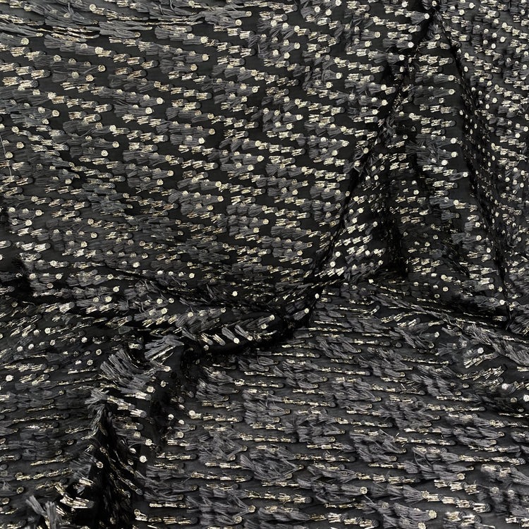 Organza Dobby - Metallic & Faux Fur Fringing - Black/Slate Grey