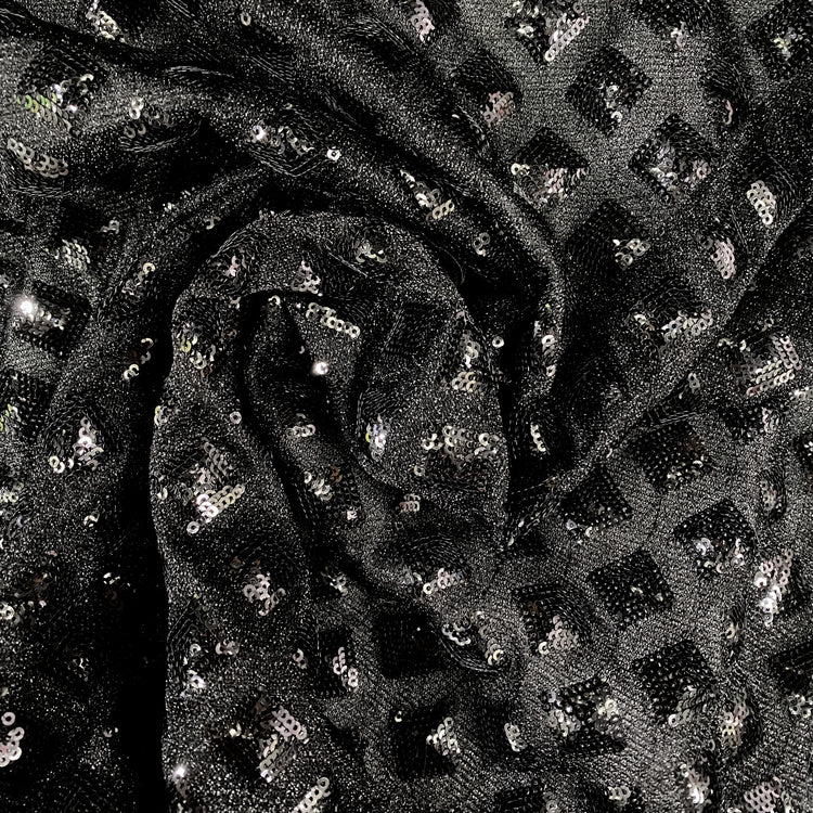 Diamond Sequinned Poly/PET Fine Boucle Knit - Black