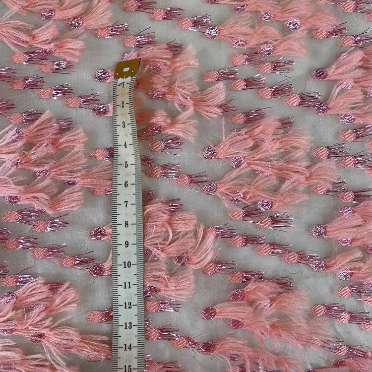 Organza Dobby - Metallic & Faux Fur Fringing - Pink
