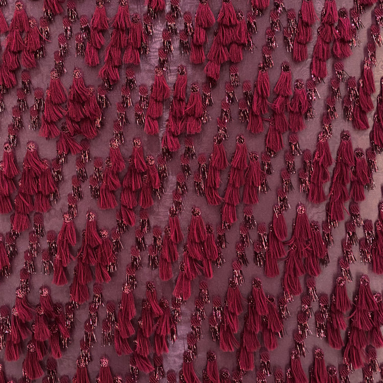Organza Dobby - Metallic & Faux Fur Fringing - Dark Red