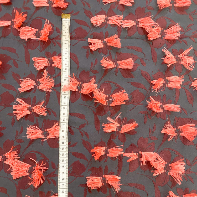 Fringed Floral Acrylic/Poly/Lurex Damask - Black / Salmon