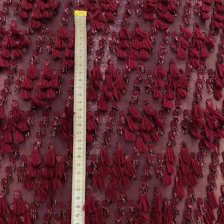 Organza Dobby - Metallic & Faux Fur Fringing - Dark Red