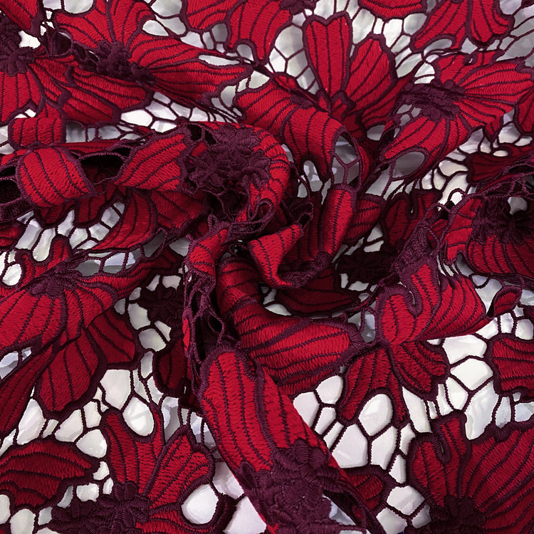 Embroidered Floral Lace - Burgundy/Red