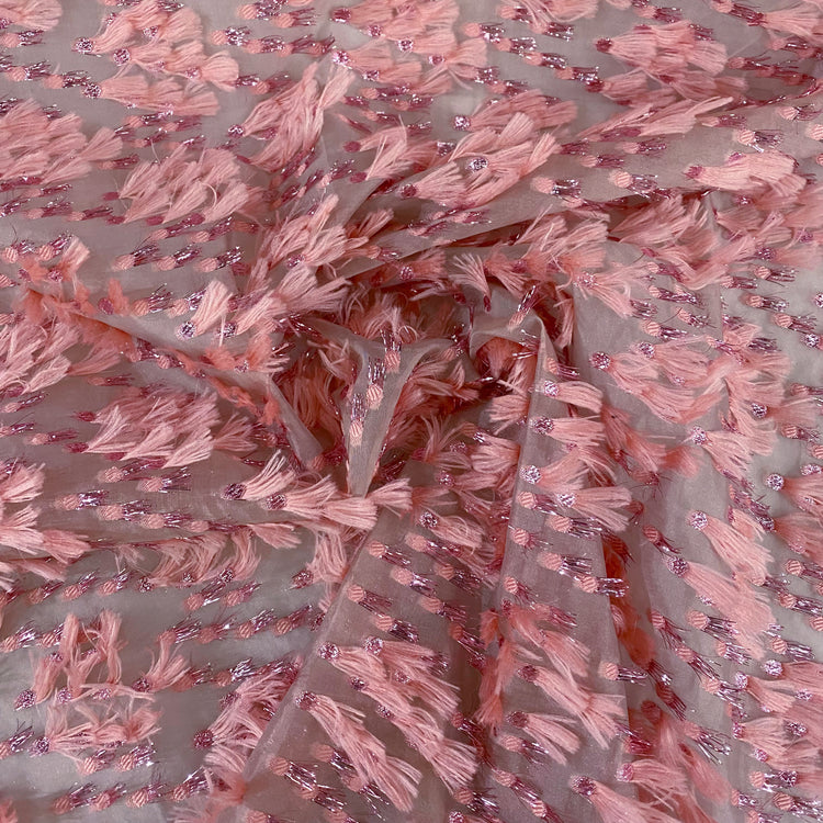 Organza Dobby - Metallic & Faux Fur Fringing - Pink