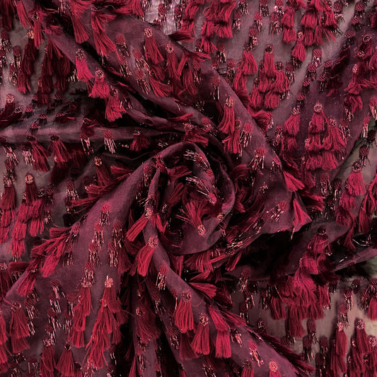 Organza Dobby - Metallic & Faux Fur Fringing - Dark Red