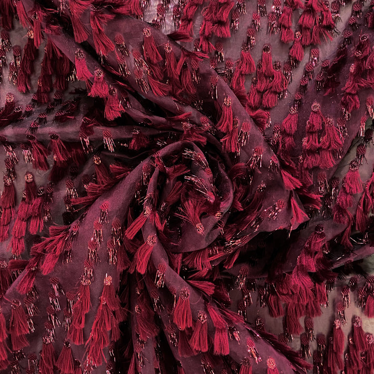Organza Dobby - Metallic & Faux Fur Fringing - Dark Red