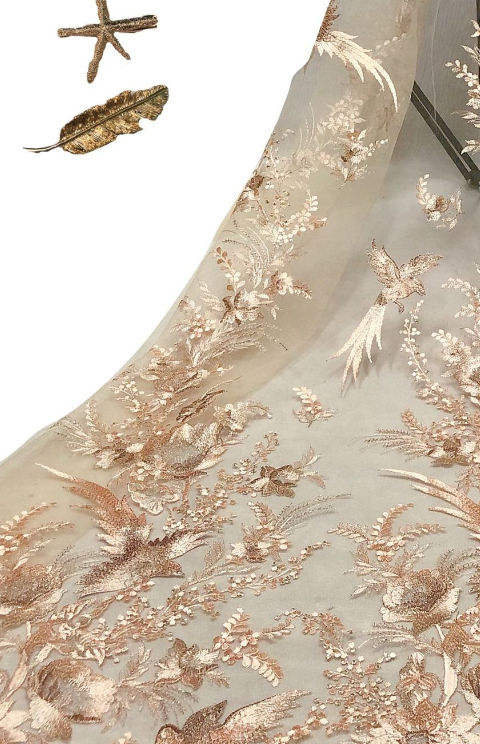 Birds of Spring Embroidered Tulle - Rose Gold/Goldenrod