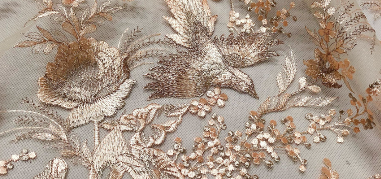 Birds of Spring Embroidered Tulle - Rose Gold/Goldenrod