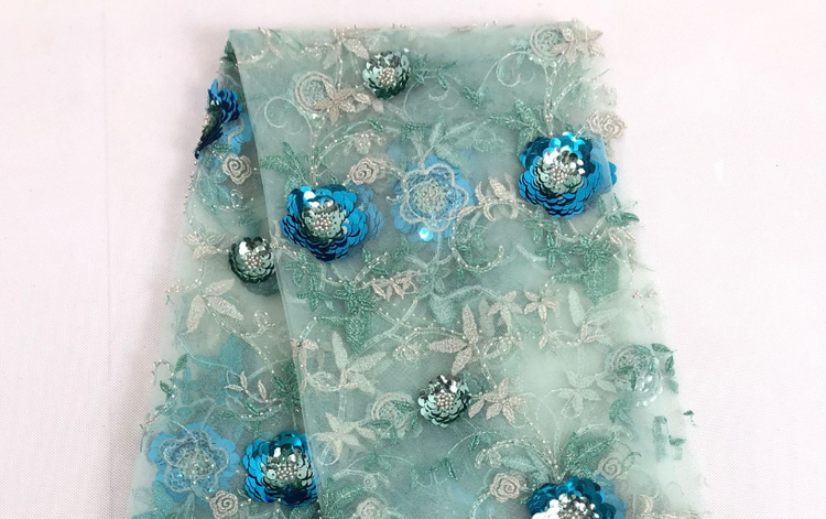 Floral Vine Sequined Tulle - Aquamarine/Blue