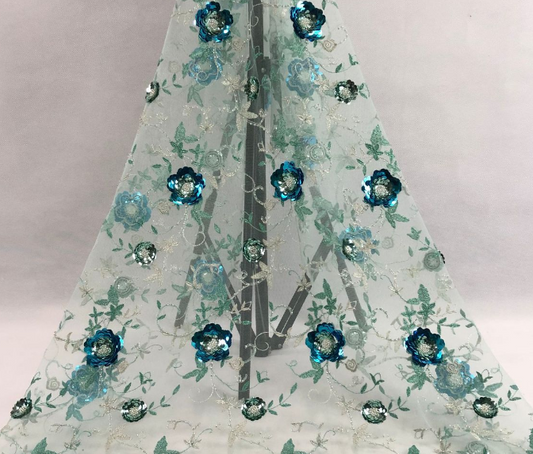 Floral Vine Sequined Tulle - Aquamarine/Blue