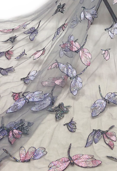Embroidered Butterfly Poly/PET Tulle - Lavender/Light Pink
