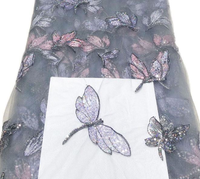 Embroidered Butterfly Poly/PET Tulle - Lavender/Light Pink