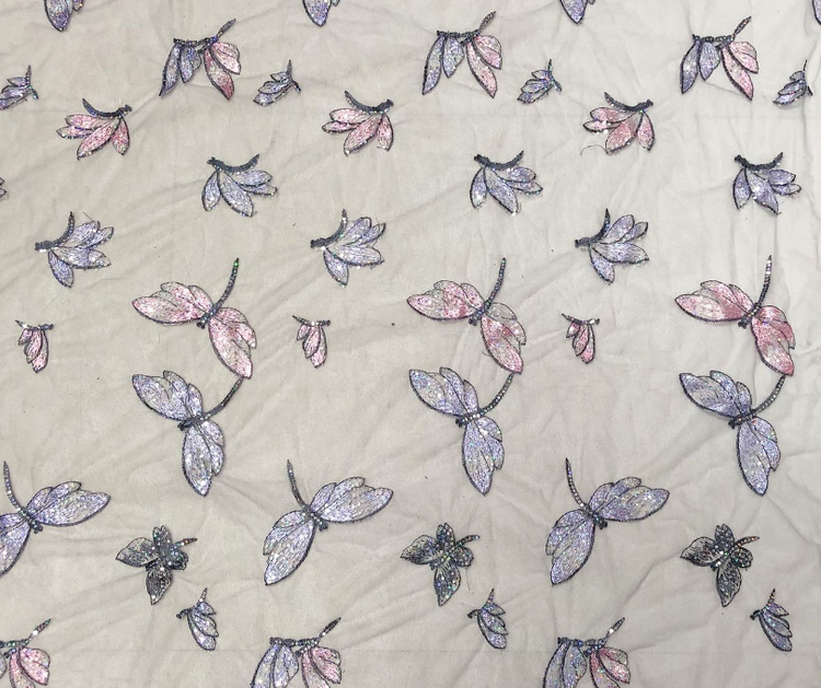 Embroidered Butterfly Poly/PET Tulle - Lavender/Light Pink