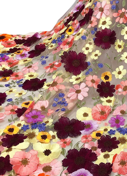 Embroidered Daisy/Lavender Applique Tulle - Maroon/Light Pink/Light Yellow