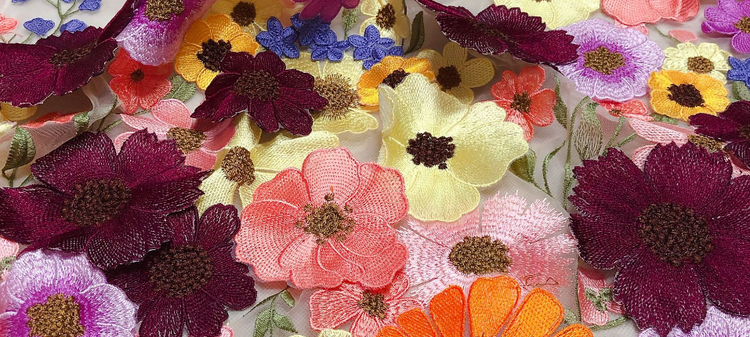 Embroidered Daisy/Lavender Applique Tulle - Maroon/Light Pink/Light Yellow