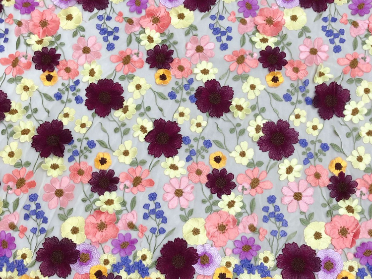 Embroidered Daisy/Lavender Applique Tulle - Maroon/Light Pink/Light Yellow